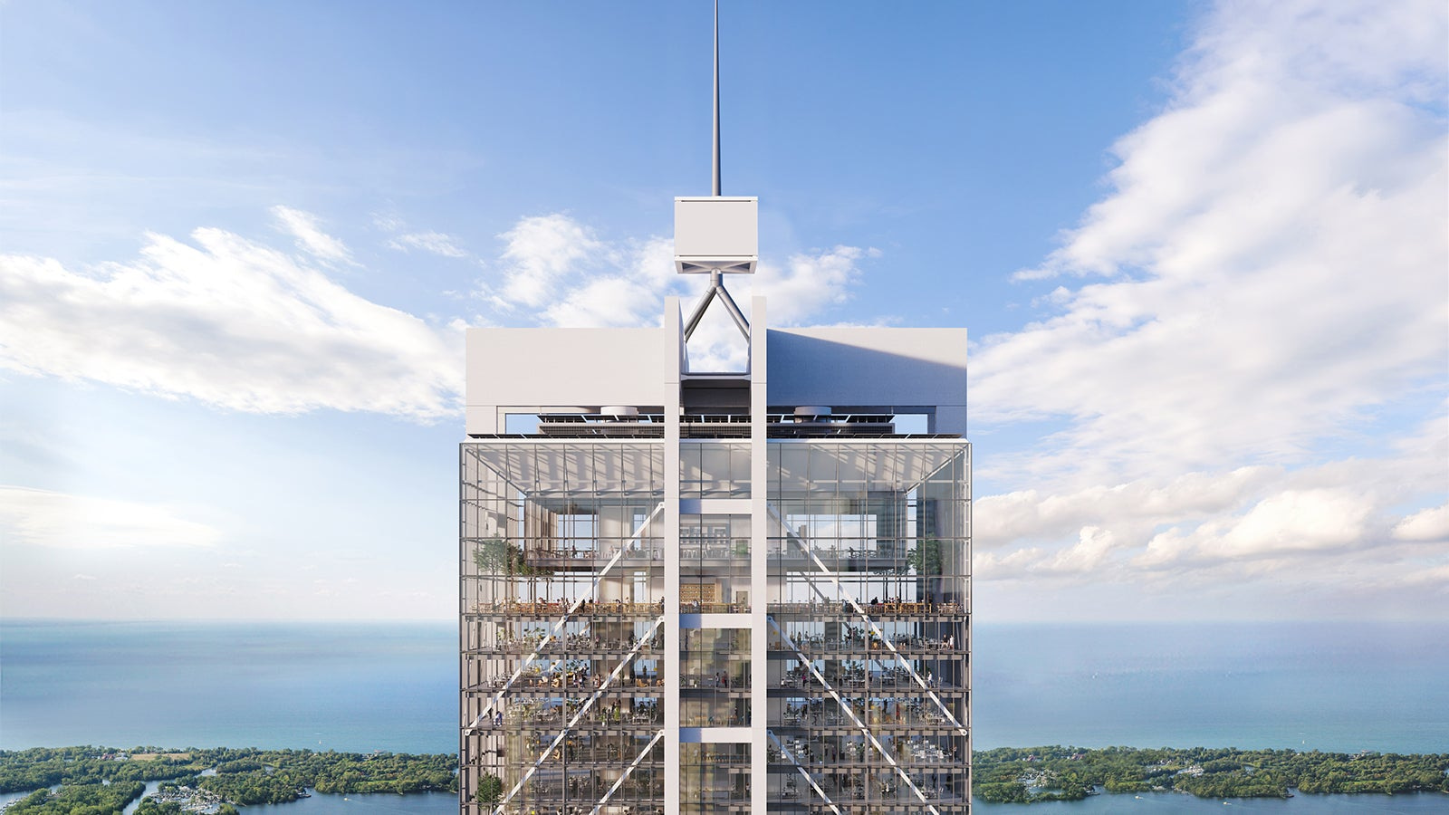 Rendering of The Hub Toronto tower crown with glass façade, rooftop amenities, and views of Lake Ontario.